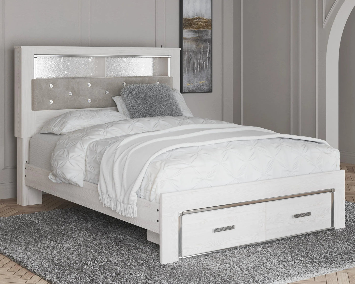Cama tapizada tamaño Queen con librero y almacenaje Altyra