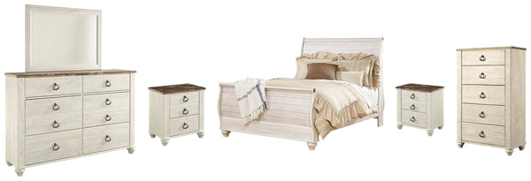 Cama trineo Queen, cómoda, espejo, chiffonier y 2 mesitas de noche Willowton