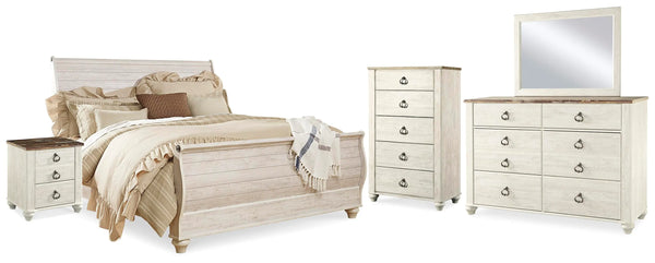 Cama trineo King, tocador, espejo, cómoda y 2 mesitas de noche Willowton