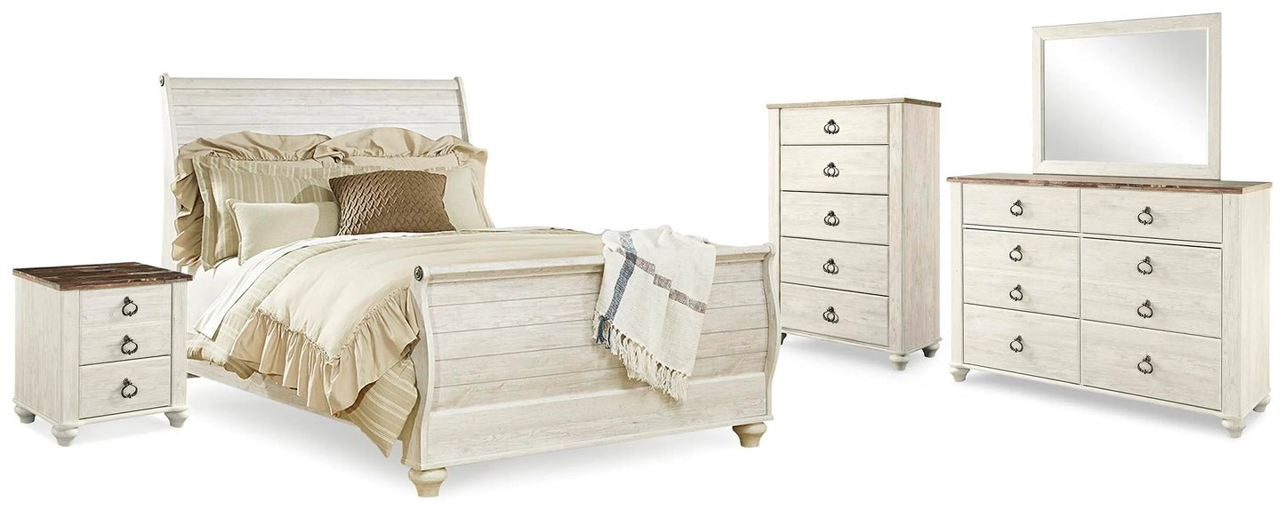 Cama trineo Willowton Queen, cómoda, espejo, chiffonier y mesita de noche