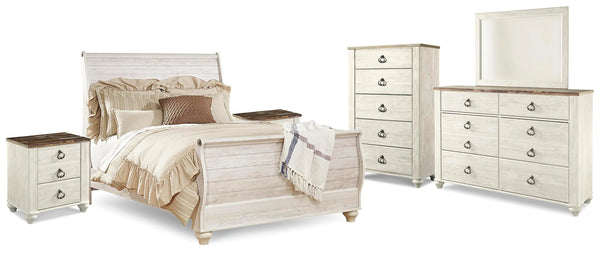 Cama trineo Queen Willowton, 2 cómodas, espejo, baúl y 2 mesitas de noche