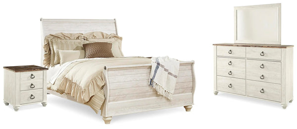 Cama trineo tamaño queen Willowton, cómoda, espejo y 2 mesitas de noche