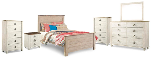 Cama doble completa Willowton, cómoda, espejo, 2 baúles y mesita de noche