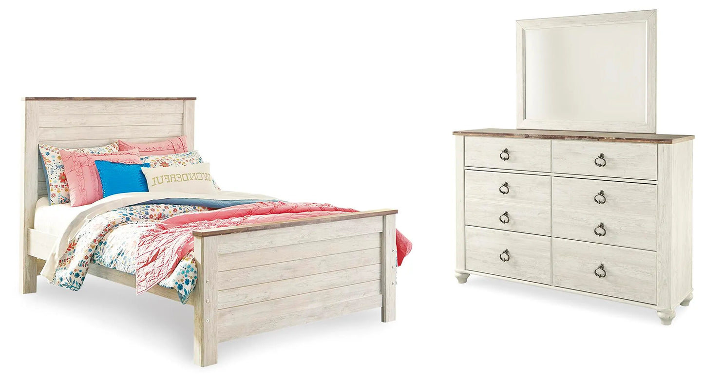 Cama matrimonial, cómoda y espejo Willowton