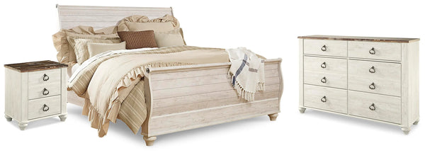 Cama trineo, cómoda y mesita de noche Willowton King