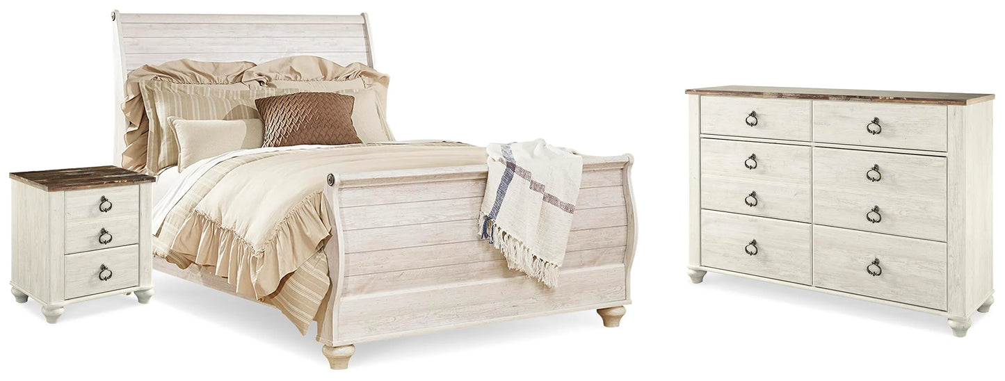 Cama Queen Sleigh, Cómoda y Mesita de Noche Willowton