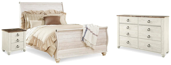 Cama Queen Sleigh, Cómoda y Mesita de Noche Willowton
