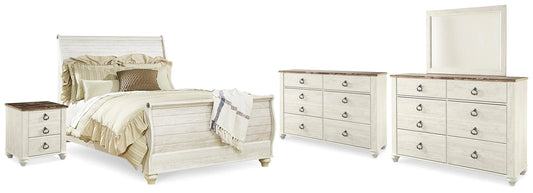 Cama Queen, cómoda, espejo y cajonera Willowton