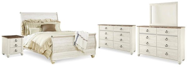 Cama Queen, cómoda, espejo y cajonera Willowton