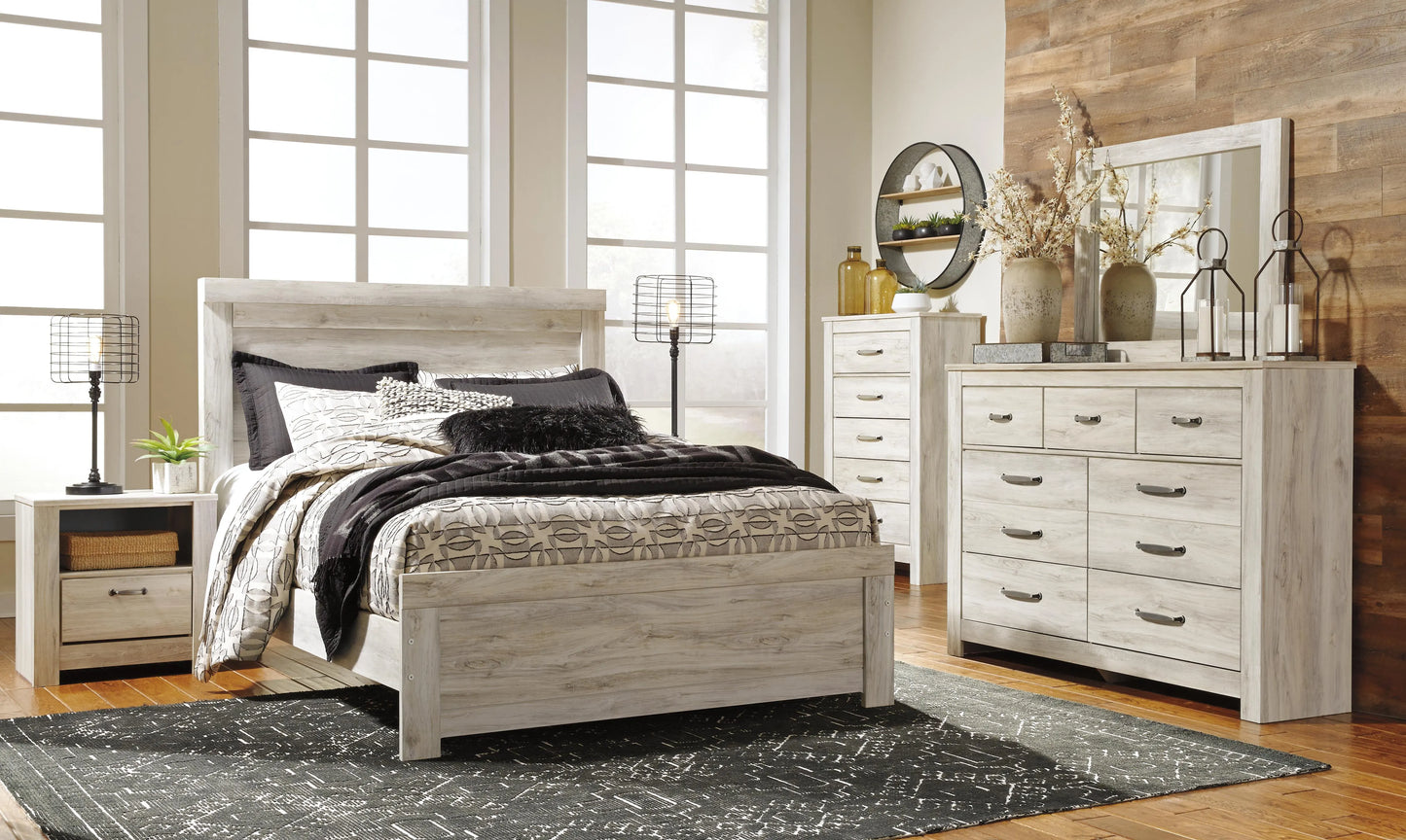 Cama Bellaby Queen con panel, tocador, espejo, cómoda y 2 mesitas de noche