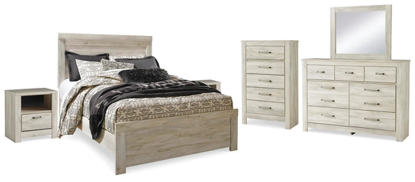 Cama Bellaby Queen con panel, tocador, espejo, cómoda y 2 mesitas de noche