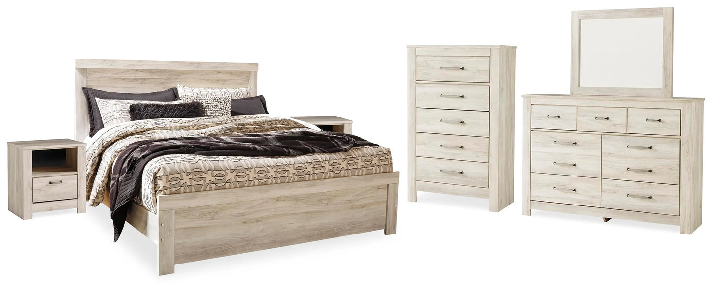 Cama Bellaby King con panel, cómoda, espejo, arcón y 2 mesitas de noche