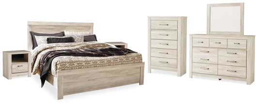 Cama Bellaby King con panel, cómoda, espejo, arcón y 2 mesitas de noche