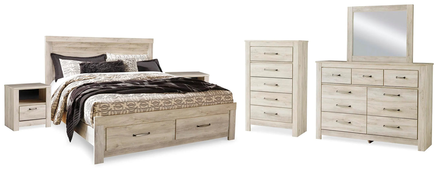 Cama Bellaby King, tocador, espejo, cómoda y 2 mesitas de noche