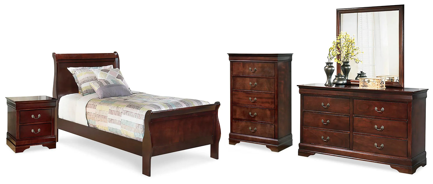 Cama trineo doble Alisdair, cómoda, espejo, cajonera y mesita de noche