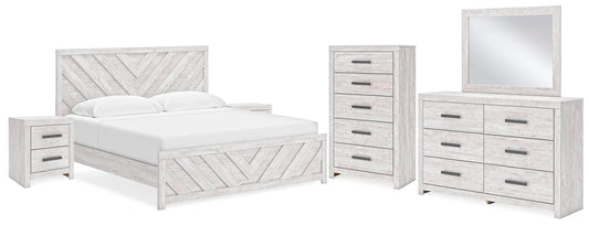 Cama con panel King, cómoda, espejo, chiffonier y 2 mesitas de noche Cayboni
