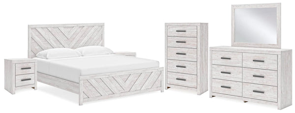 Cama con panel King, cómoda, espejo, chiffonier y 2 mesitas de noche Cayboni