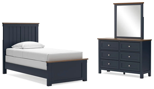 Cama de paneles dobles, cómoda y espejo Landocken