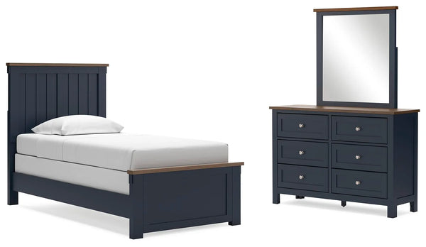 Cama de paneles dobles, cómoda y espejo Landocken