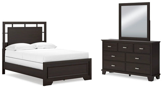 Cama de panel completo, cómoda y espejo Covetown