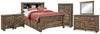 Cama Trinell con estantería completa, cómoda, espejo, baúl y 2 mesitas de noche