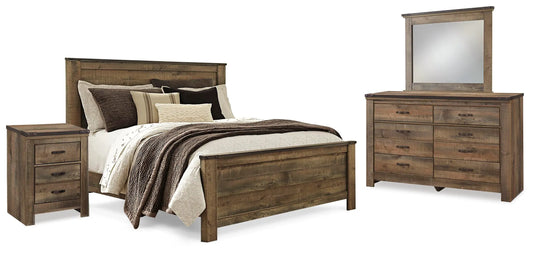 Cama Trinell Queen, Cómoda, Espejo y Mesita de Noche