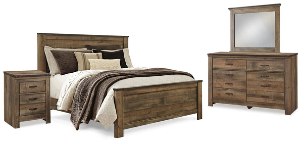 Cama Trinell Queen, Cómoda, Espejo y Mesita de Noche