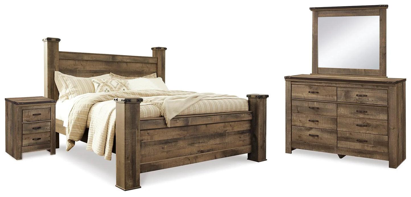 Cama de poster Trinell King, cómoda, espejo y mesita de noche