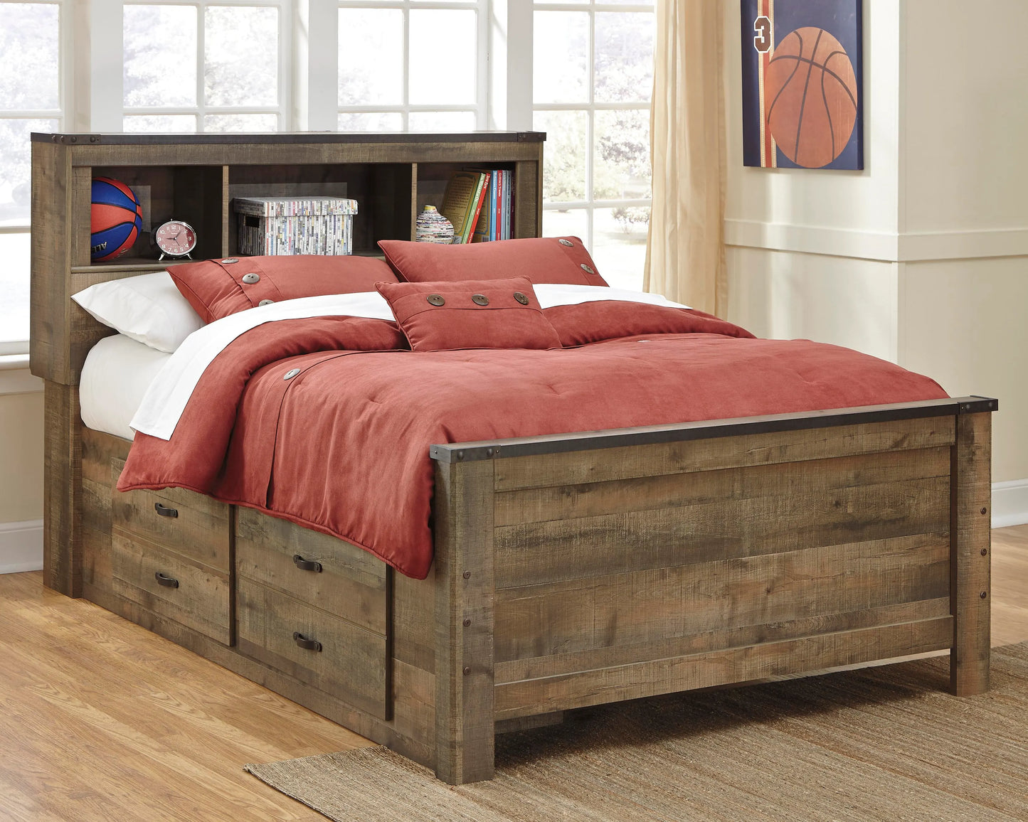 Cama Trinell con estantería completa y almacenamiento de 2 lados