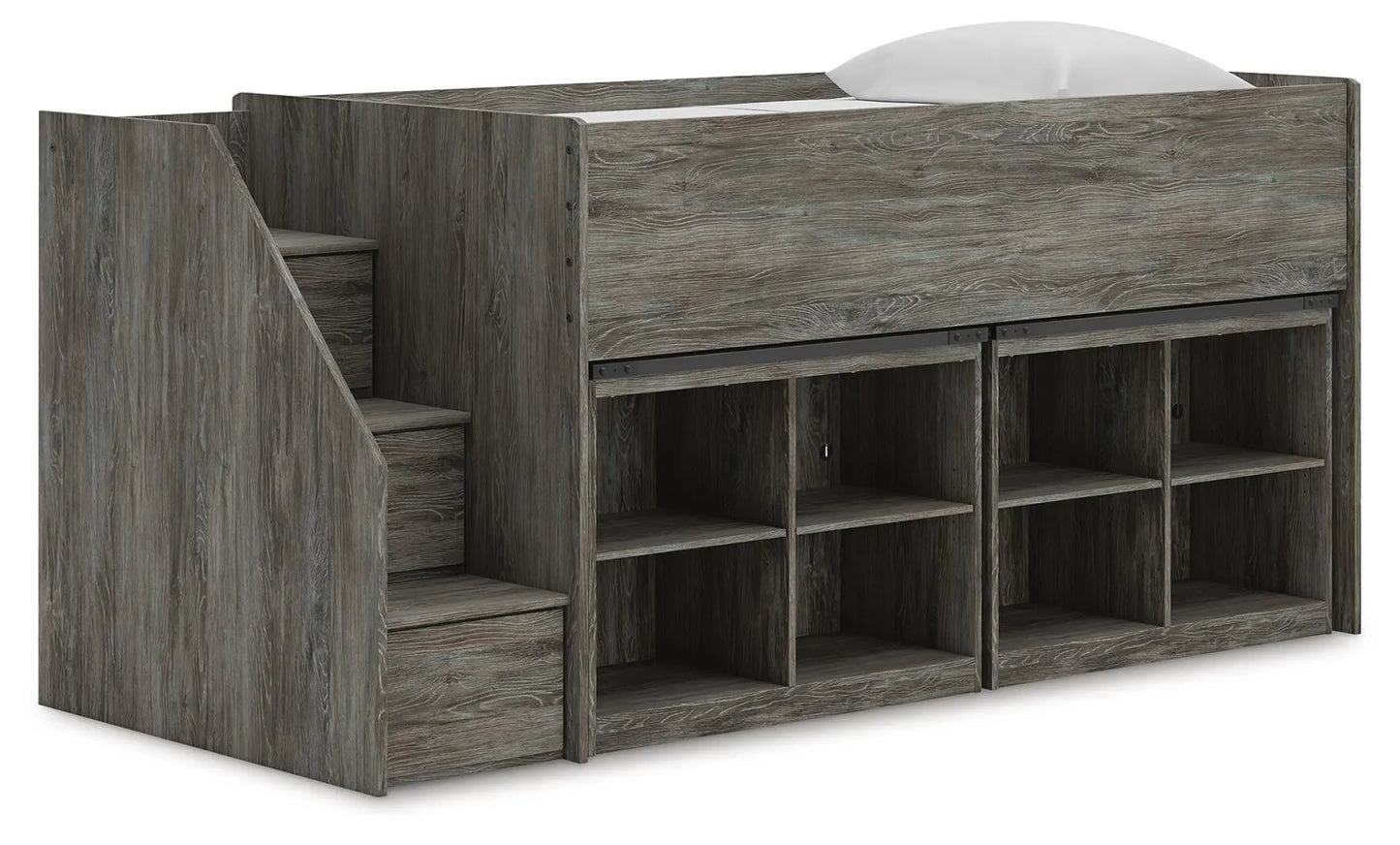 Cama alta doble Frandern con estantería y almacenamiento