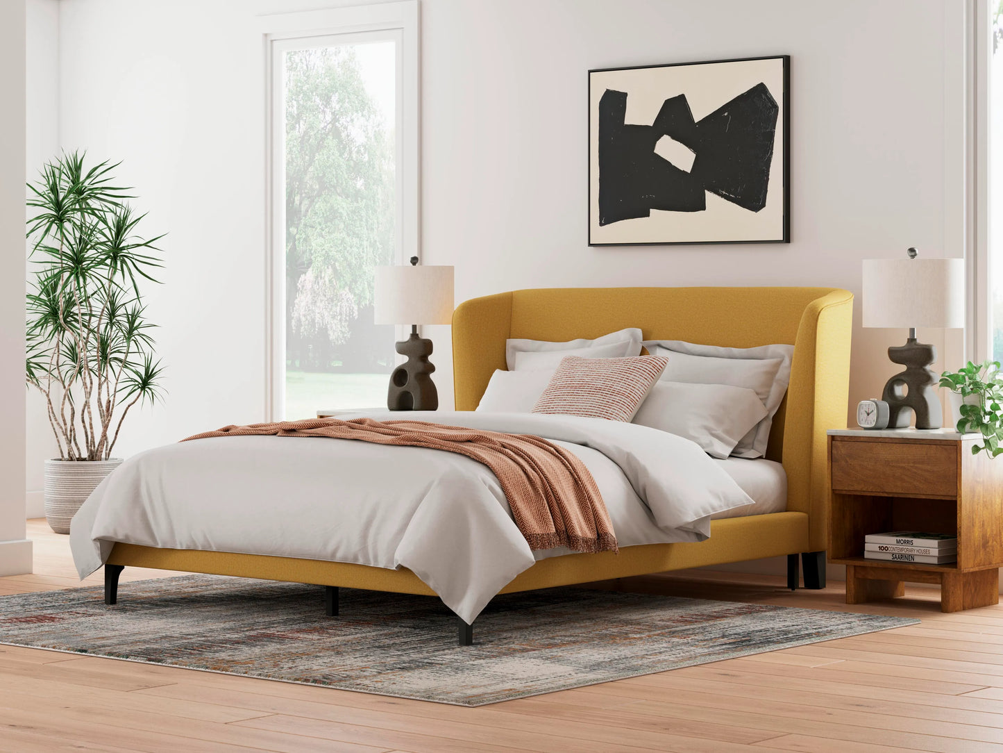 Cama tapizada Maloken Queen con somier de láminas