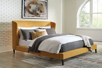 Cama tapizada Maloken King con listones enrollables