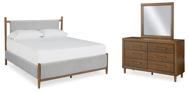 Cama tapizada Lyncott King, cómoda y espejo