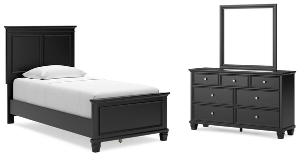 Cama de paneles gemelos, cómoda y espejo Lanolee