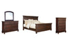 Cama King con paneles Porter, cómoda, espejo y cofre
