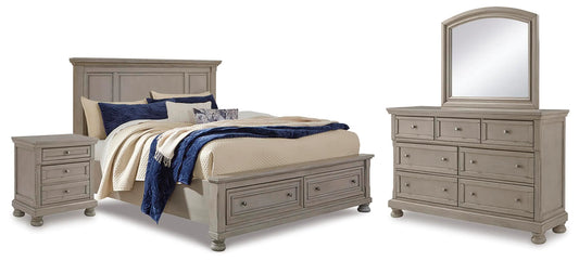 Cama Queen Lettner con paneles de almacenamiento, tocador, espejo y mesita de noche
