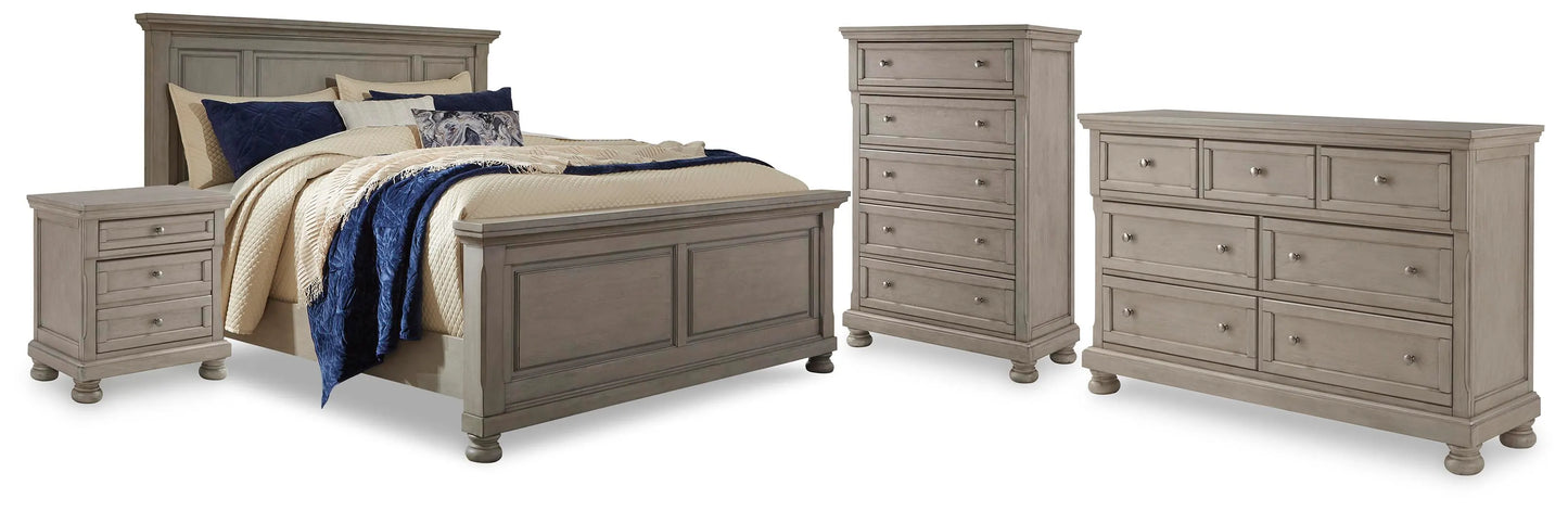 Cama con paneles tamaño California King Lettner, tocador, cómoda y 2 mesitas de noche