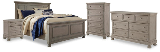 Cama con paneles tamaño California King Lettner, tocador, cómoda y 2 mesitas de noche