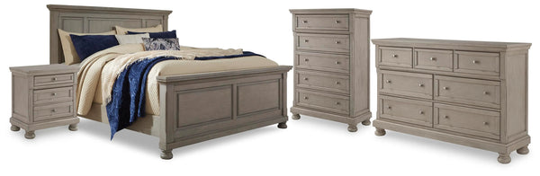 Cama con paneles tamaño California King Lettner, tocador, cómoda y 2 mesitas de noche