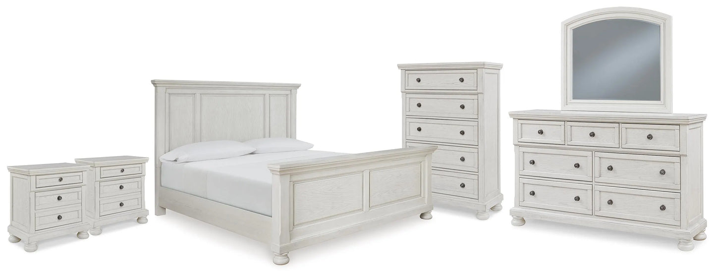 Cama con paneles, cómoda, espejo, chiffonier y 2 mesitas de noche Robbinsdale King
