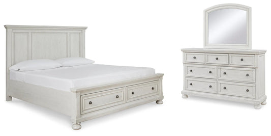 Cama con panel de almacenamiento, cómoda y espejo Robbinsdale King