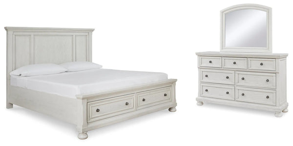 Cama con panel de almacenamiento, cómoda y espejo Robbinsdale King