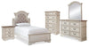 Cama doble con panel Realyn, cómoda, espejo, arcón y mesita de noche