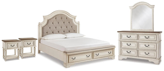 Cama Realyn King con Almacenamiento, Cómoda, Espejo y 2 Mesitas de Noche