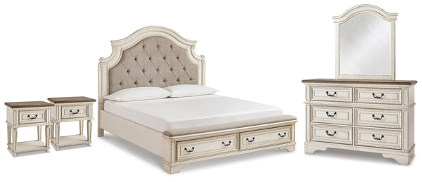 Cama Realyn King con Almacenamiento, Cómoda, Espejo y 2 Mesitas de Noche
