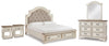 Cama Realyn King con Almacenamiento, Cómoda, Espejo y 2 Mesitas de Noche