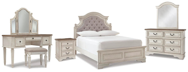 Cama con panel completo, cómoda, espejo, tocador de 3 piezas y mesita de noche Realyn