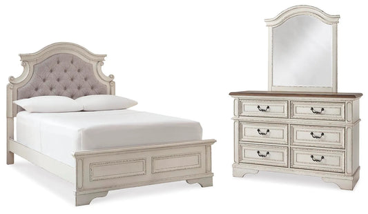 Cama de panel completo, cómoda y espejo Realyn