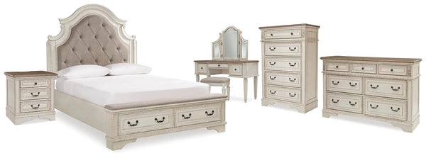Cama de panel tapizado Realyn Queen, cómoda, sinfonier, mesita de noche y tocador