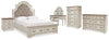 Cama de panel tapizado Realyn Queen, cómoda, sinfonier, mesita de noche y tocador